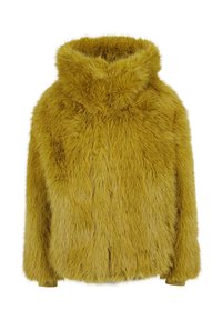 Väskkappa i senapsgul faux päls. Har huva, lös passform och mjuk, texturerad yta. Inga synliga knäppningar eller dekorationer.