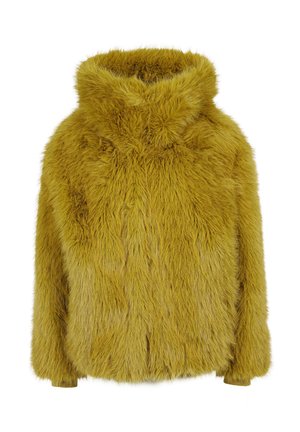 Faux-Fur-Jacke in Senfgelb. Sie hat eine Kapuze, ist locker geschnitten und verfügt über eine weiche, strukturierte Oberfläche. Keine sichtbaren Verschlüsse oder Verzierungen.