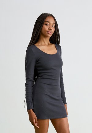 Grey ribbed long-sleeve dress with a scoop neckline and fitted silhouette. The fabric has a smooth texture and subtle stretch.