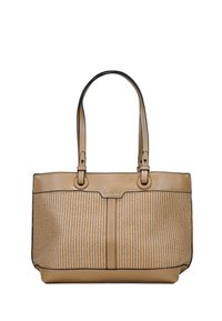 Bolso tote marrón con frente tejido texturizado, ribete de cuero sintético suave, dos asas superiores y detalles de costura sutiles.