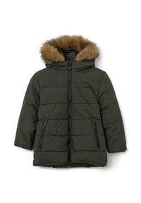 Dunkelgrüne Steppjacke mit einer Kapuze aus Kunstfell, Reißverschluss vorn und zwei seitlichen Reißverschlusstaschen. Gestepptes Muster über den gesamten Körper.