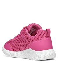 Pink children's sneaker with mesh upper, velcro strap, padded collar, and textured white rubber sole.
