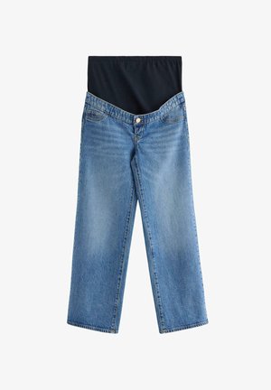Blå denim jeans med bred bendesign, der har en mørk elastisk talje. Stofstrukturen har en klassisk falmet tekstur og subtile sømdetaljer.