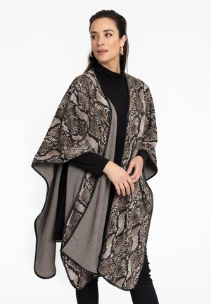 Étole texturée au motif serpent avec des tons marron et beige, dotée d'un intérieur gris et d'un bord noir contrastant. Style ouvert.