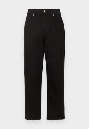 Schwarze Denim-Hosen mit geradem Bein, hohem Bund, vorderen Taschen und silbernem Zubehör am Bund.