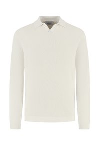 Strikket genser i off-white med et teksturert mønster, V-hals og krage, lange ermer og ribbestrikkede mansjetter og kant.