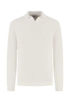 Strikket genser i off-white med et teksturert mønster, V-hals og krage, lange ermer og ribbestrikkede mansjetter og kant.