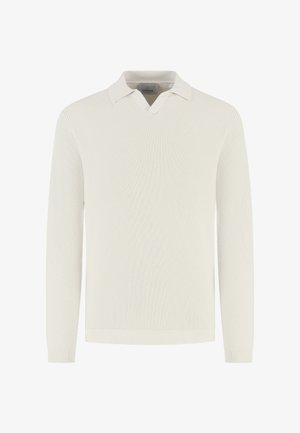 Suéter tejido en color blanco roto con un patrón texturizado, diseño de cuello en V con solapa, mangas largas y puños y dobladillo acanalados.