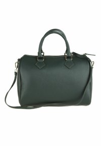 Sac à main en cuir vert avec une texture en relief, poignées supérieures doubles, bandoulière amovible et accessoires en métal doré. Fermeture éclair.