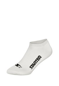 Weißer Knöchelsocken aus strukturiertem Stoff, mit einem schwarzen "STARTER"-Logo und einer kleinen Grafik an der Seite.