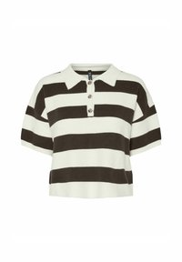 Polo à manches courtes en crème et rayures marron foncé. Doté d'un col et de trois boutons avec des accents décoratifs sur la patte de boutonnage.