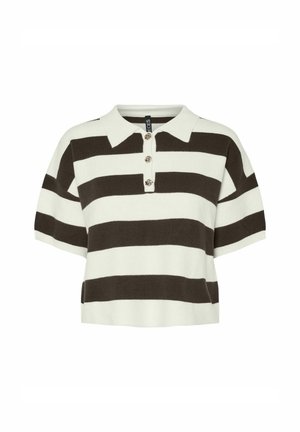 Polo à manches courtes en crème et rayures marron foncé. Doté d'un col et de trois boutons avec des accents décoratifs sur la patte de boutonnage.