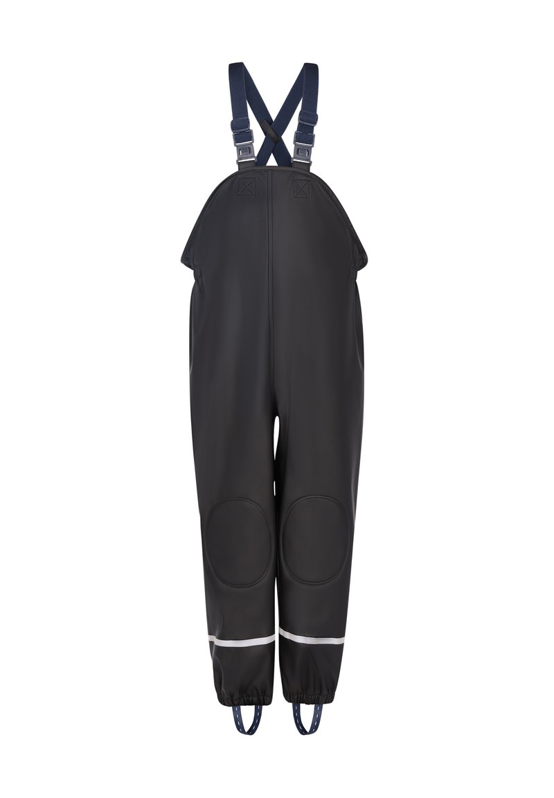 Black waterproof overalls with reflective stripes, reinforced knee patches, and adjustable blue straps. Smooth texture and loose fit.