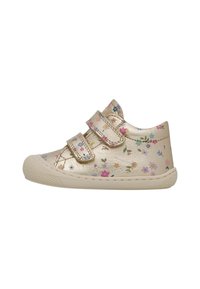 Chaussures pour tout-petits en métal doré avec un motif floral, dotées de deux sangles Velcro, d'une semelle en caoutchouc texturé et d'un bout arrondi pour plus de confort.