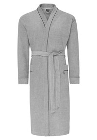 Accappatoio in cotone grigio con maniche lunghe, design avvolgente, cintura da annodare, tasche laterali e piping scuro a contrasto su colletto e polsini.