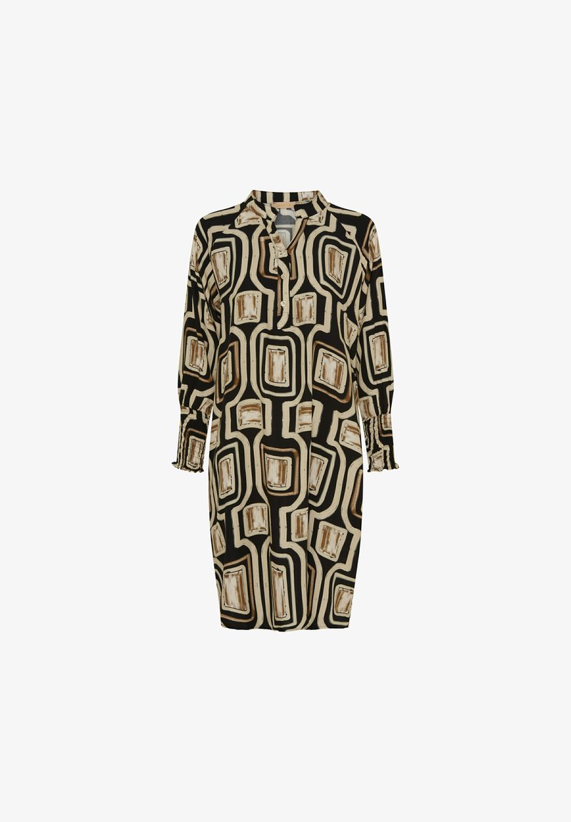 Sort kjole med beige og brune geometriske mønstre, knaplukket henley-udskæring og lange ærmer med rungede manchetter. Glat stoftekstur.