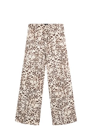 Weite Hosen aus einem hellen Creme-Stoff mit einem braunen Punktmuster. Verfügt über einen Kordelzugbund und eine glatte, weiche Textur.