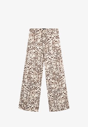 Kalhoty s širokými nohavicemi v světlé krémové tkanině s hnědým tečkovaným vzorem. Mají šňůrkový pas a jemnou, hladkou texturu.