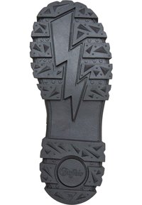 Semelle de chaussure noire en caoutchouc avec un dessin de rainure angulaire et un motif central d'éclair. Comprend la marque "Buffalo".