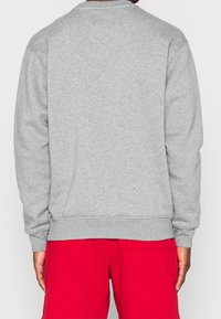 Felpa grigia con maniche lunghe, orlo e polsini a costine. Texture liscia, design minimalista e senza loghi visibili. Indossata con pantaloncini rossi.