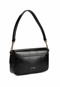 Zwarte leren handtas met een gladde textuur, gouden hardware en een afneembare schouderriem. Voorzien van een klepsluiting en gestikte details.