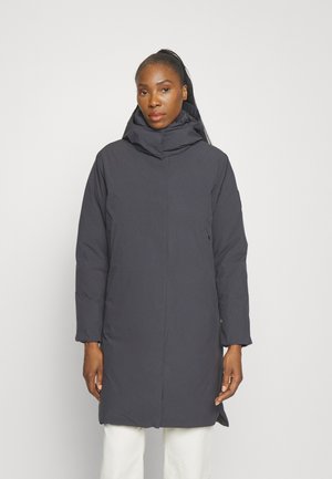 Dark gray, long-sleeve, hooded winter coat with a smooth texture. Features side pockets and a straight cut for a relaxed fit.