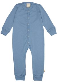 Tutina azzurra in cotone a maniche lunghe con scollatura a V, bottoni a pressione sul frontale, polsini a coste e un'etichetta sul lato. Texture liscia in tutto il capo.