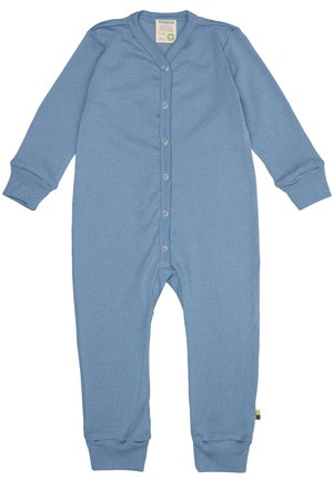 Tutina azzurra in cotone a maniche lunghe con scollatura a V, bottoni a pressione sul frontale, polsini a coste e un'etichetta sul lato. Texture liscia in tutto il capo.