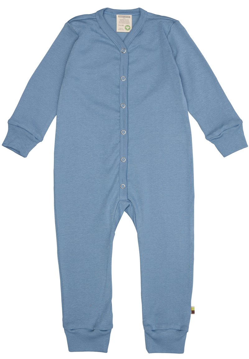 Tutina azzurra in cotone a maniche lunghe con scollatura a V, bottoni a pressione sul frontale, polsini a coste e un'etichetta sul lato. Texture liscia in tutto il capo.