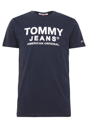 Granatowy t-shirt z krótkim rękawem z białym napisem "TOMMY JEANS AMERICAN ORIGINAL" oraz małym logo Tommy Hilfiger na lewym rękawie.