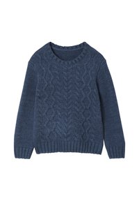 Marineblauer gestrickter Pullover mit Zopfmuster, geripptem Rundhalsausschnitt, -bündchen und -saum, langen Ärmeln, flach auf weißem Hintergrund ausgelegt.