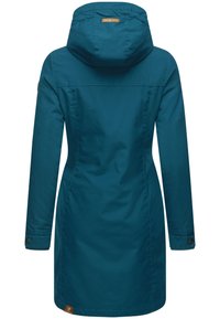 Teal waterproof jacket with a hood, sleek design, long sleeves, and side buttons; features a logo label near the waist, smooth texture.