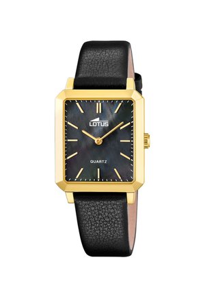 Rechthoekig horloge met goudkleurige kast, zwarte leren band, zwarte wijzerplaat, gouden uuraanduidingen en wijzers die 10:10 aangeven, met de merknaam "Lotus" en "Quartz".
