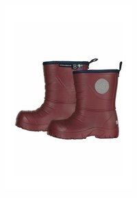 Mörkröda vattentäta stövlar med texturerad yta, rund tå, navyblå kant och en cirkulär logotyp på sidan. Förstärkt sula för bra grepp.