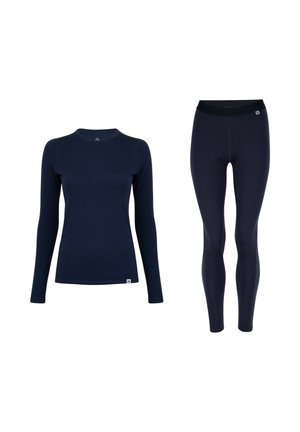Marineblå langærmet top og leggings lavet af blød stof. Toppen har en rund halsudskæring; leggings har en tætsiddende design og elastisk taljebånd.