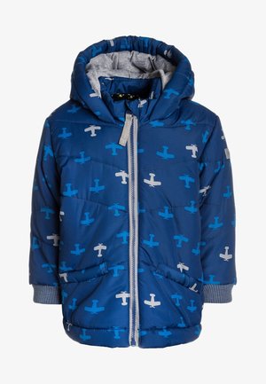 Modrá péřová bunda s kapucí, na které je vzor letadel v světle modré a bílé barvě. Obsahuje přední zip a boční kapsy.