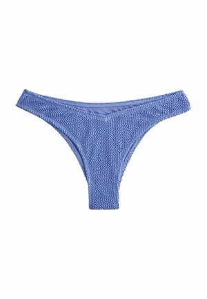 Blauwe gebreide thong bikini gemaakt van textuurstof met een lage taille en smalle zijkanten, met een V-vormige voorkant.