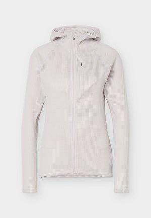 Hanorac gri deschis tricotat cu fermoar, mâneci lungi și un model texturat tip vafe, prezentat pe un fundal simplu.