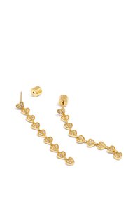 Gold-tone drop earrings feature a chain of alternating heart shapes with clear rhinestone accents. Includes round push-back closure.