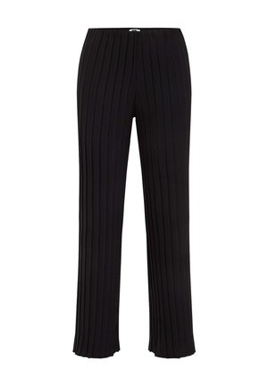 Schwarze plissierte Hosen mit geradem Bein. Der Stoff hat ein strukturiertes, geripptes Aussehen. Elastischer Bund mit einem subtilen Saumdetail am unteren Ende.