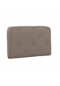 Grijs textuurleer portemonnee met geperste logopatronen en een ritssluiting langs de rand. Rechthoekige vorm met een slank profiel.