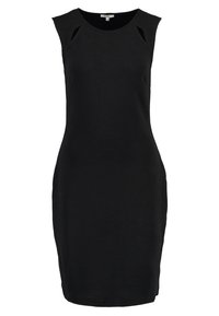 Schwarzes ärmelloses Kleid mit taillierter Silhouette, geripptem Textur und Ausschnitten an den Schultern. In der Länge bis zur Mitte des Oberschenkels.