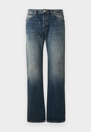 Dunkelblaue weit geschnittene Jeans aus Denim. Mit verblassten Details, traditionellem Fünf-Taschen-Design und einem Metallknopfverschluss an der Taille.