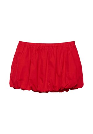 Jupe ballon rouge avec taille élastique et tissu froncé et volumineux créant une silhouette bouffante.