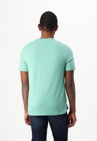 Mint green short-sleeve t-shirt made of soft cotton, featuring a rounded neckline and a subtle seam detail at the back. Worn with dark jeans.