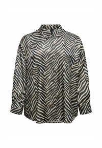 Koszula na guziki w zebrę w kolorze beżowym, czarnym i białym. Wykonana z miękkiego, lekkiego materiału. Posiada klasyczny kołnierzyk i długie rękawy.