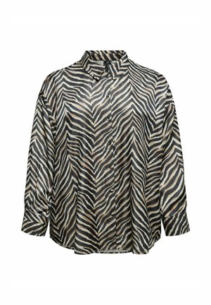 Chemise à boutons avec un motif zèbre en beige, noir et blanc. Fabriquée en tissu doux et léger. Dotée d'un col classique et de manches longues.