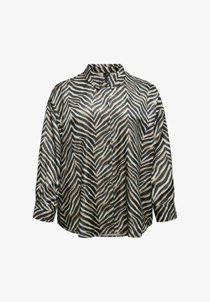 Košulja na gumb s uzorkom zebra u bež, crnoj i bijeloj boji. Izrađena od mekanog, laganog materijala. Ima klasičan ovratnik i duge rukave.