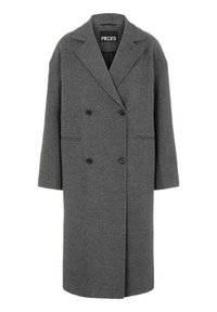 Manteau long en laine gris foncé à double boutonnage avec revers crantés, deux poches avant et quatre boutons noirs.