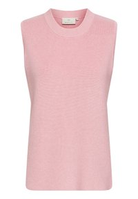 Top senza maniche di colore rosa chiaro realizzato in tessuto a maglia a coste. Presenta un collo a giro e una vestibilità dritta, con una superficie liscia e priva di motivi.